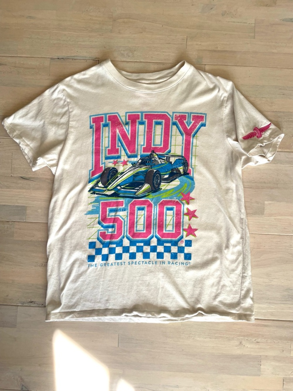 Indy 500 Graphic Tee with Race Car and Pink Embroidered sleeve 100% Cotton Small